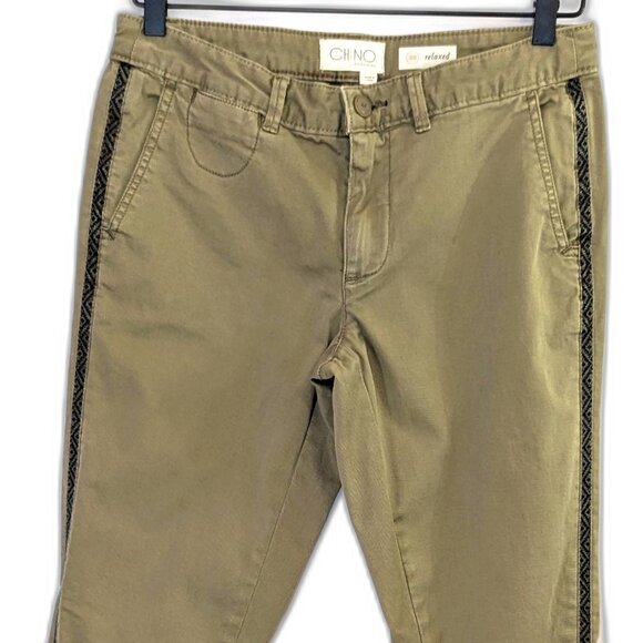 Anthropologie | Olive Green Relaxed Chino Navy Geo Tuxedo Stripe Pants | 26 - Picture 7 of 16